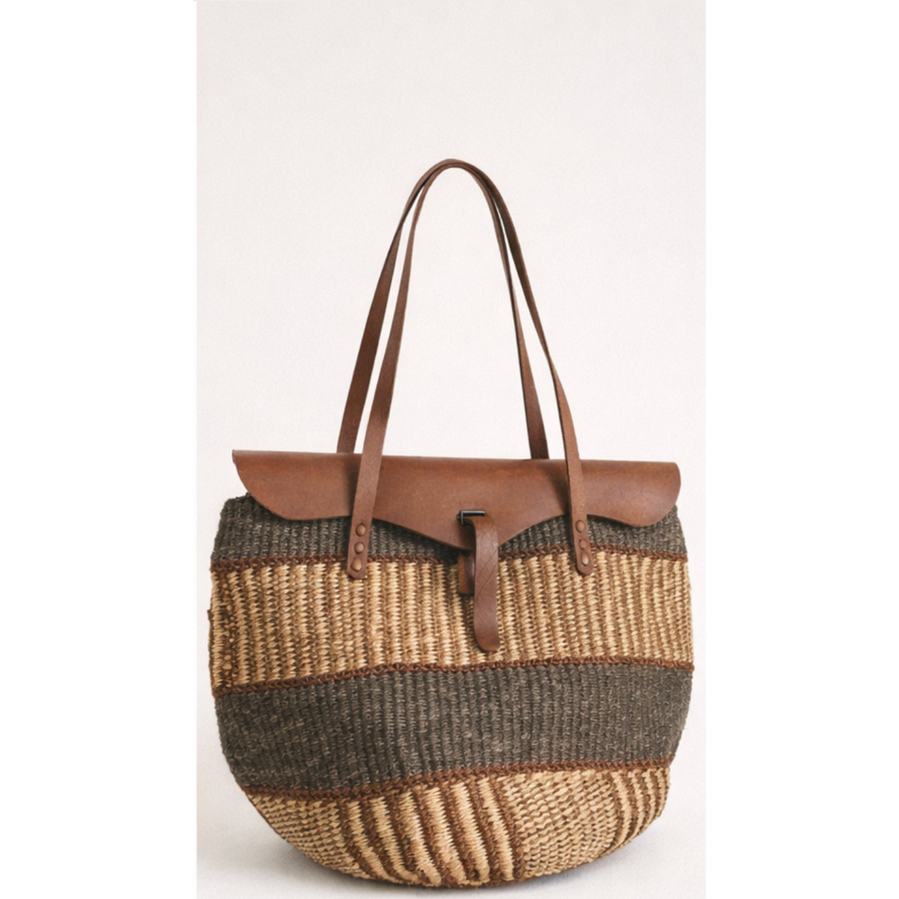 Vintage Large Sisal Woven Tote Leather Trim Market Bag Rare Boho - Picture 2 of 13